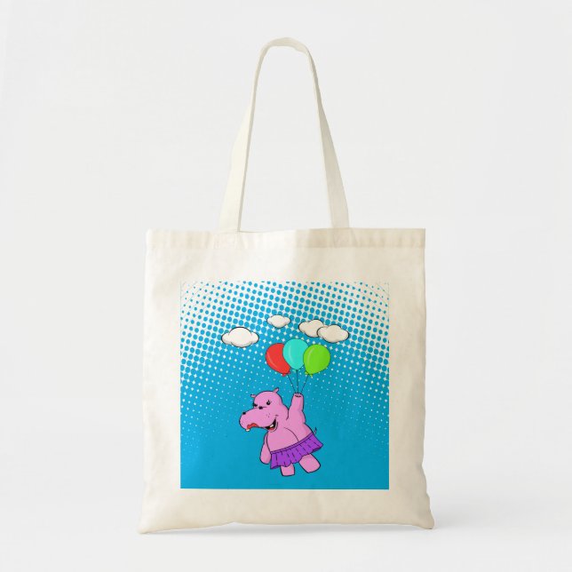 Rosa Hippo Flying with Balloons in Blue Sky Tragetasche (Vorne)