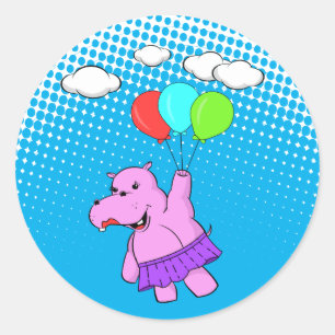 Rosa Hippo mit Balloons Runder Aufkleber