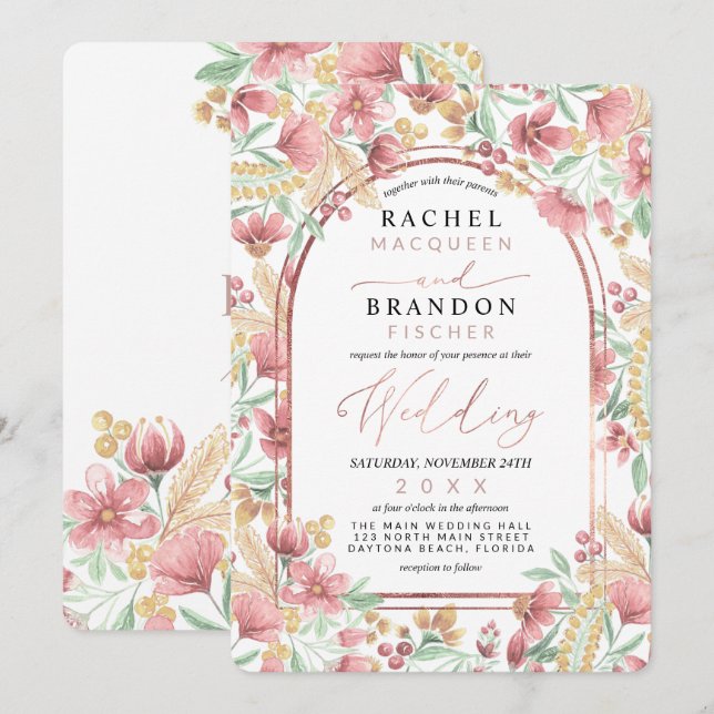 Rosa Hochzeit der goldgelben Blüte Einladung (Vorne/Hinten)