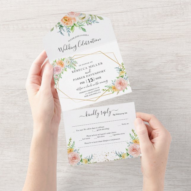 Rosa-Hochzeit-Einladung All In One Einladung (Abreißen)