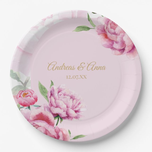 Rosa Hochzeit mit Blumenmuster  Pappteller (Vorderseite)
