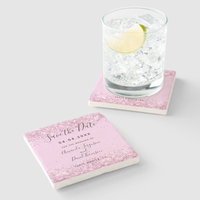 Rosa Hochzeitlicher Glitzer Save the Date Steinuntersetzer (Seitenansicht)