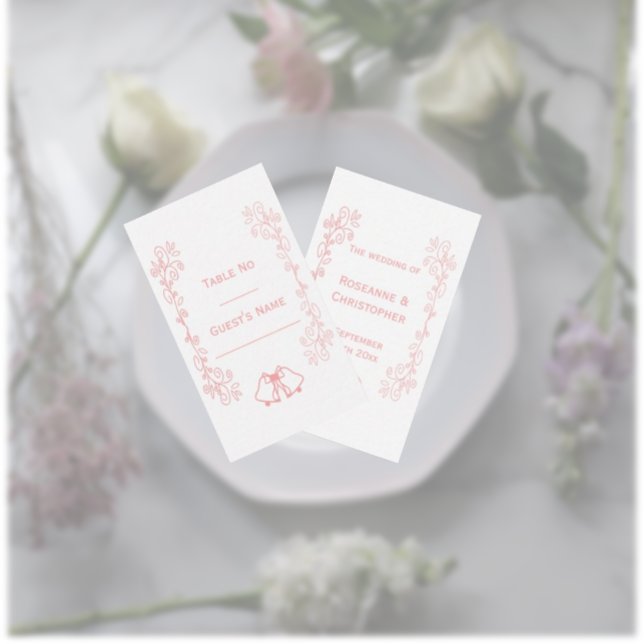 Rosa Hochzeitsbrocken Platzkarte (Pink wedding place setting card bells and scrollwork design)