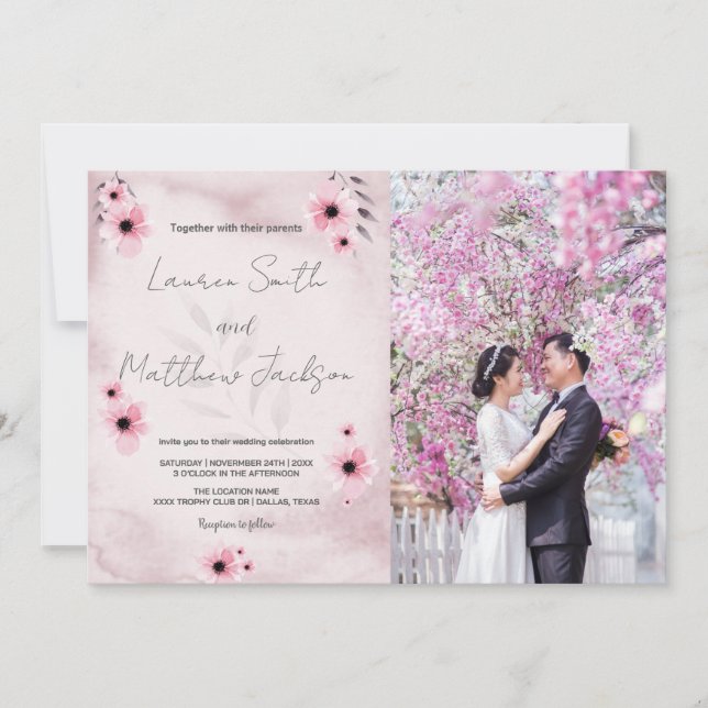 Rosa Hochzeitseinladungen mit Foto Einladung (Vorderseite)