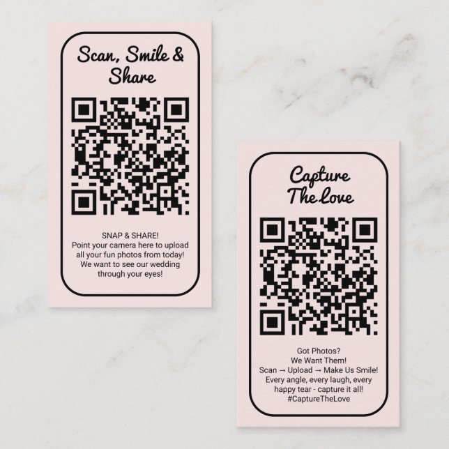 Rosa Hochzeitsfoto-Sharing Capture Love QR-Code  Visitenkarte (Vorne/Hinten)
