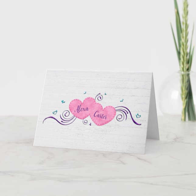 Rosa Hochzeitsherzen mit Namen Dankeskarte (Vorderseite)