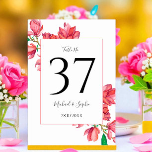 Rosa Hochzeitskarte mit blorfarbener Tischnummer