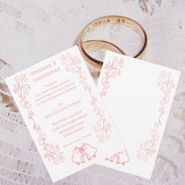 Rosa Hochzeitsklopfen Einladung (Pink wedding invitation bells and scrollwork design)