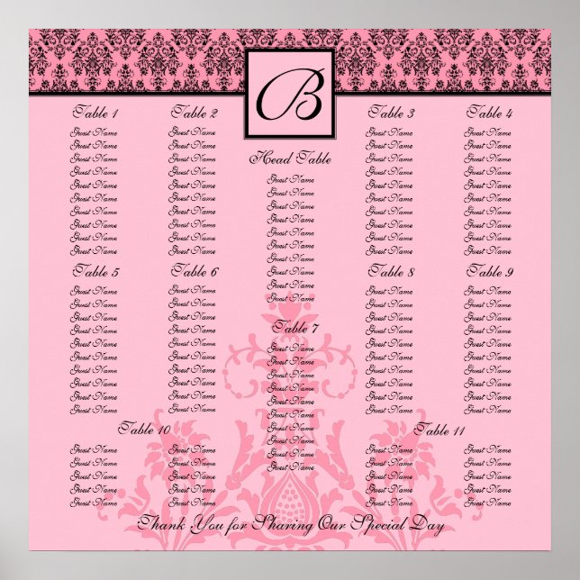 Rosa Hochzeitssitzkarte - Platz Poster (Vorne)