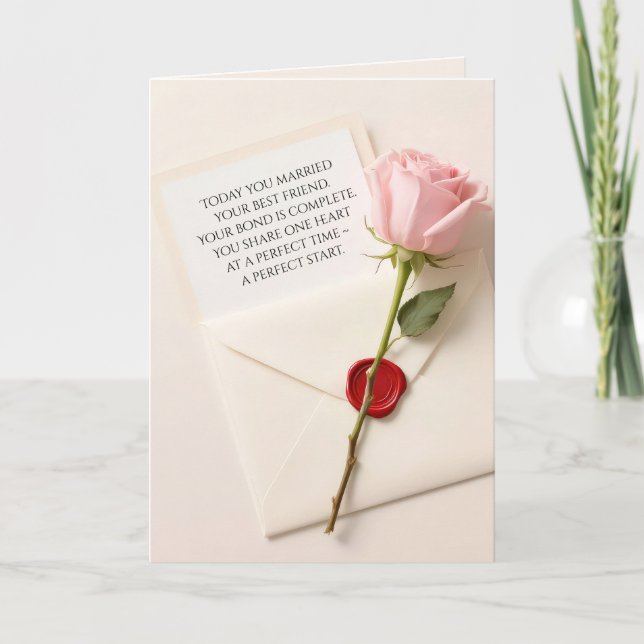 Rosa Hochzeitstil-Rose auf einer roten Waxversiege Karte (Vorderseite)