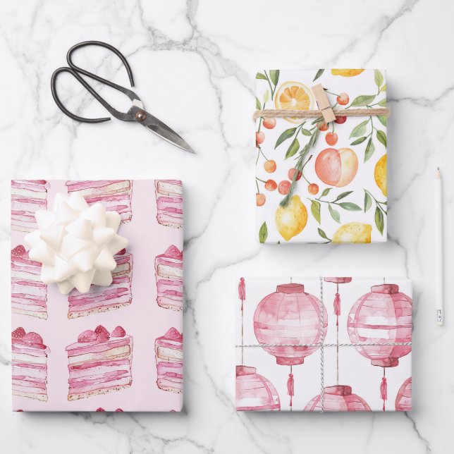 Rosa Hochzeitstorte Zitronen Laternen Junggesellin Geschenkpapier Set (Vorderseite)