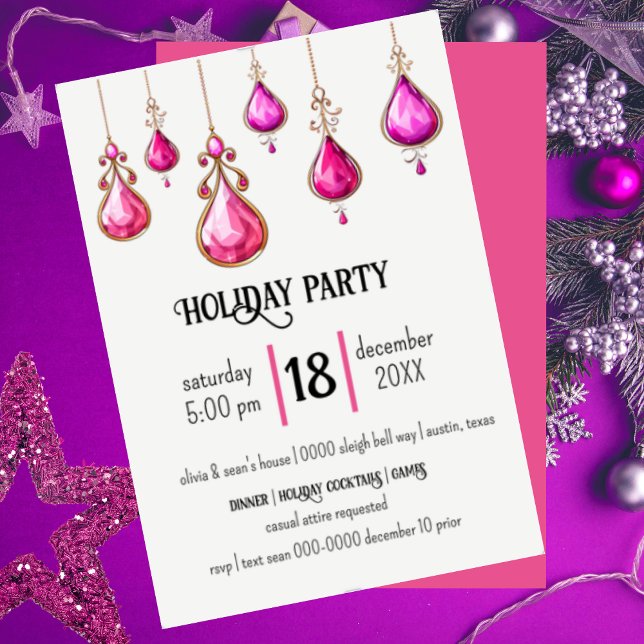 Rosa Holiday Ornaments Party Einladung (Jewled ornaments hanging from the top of this fully customizable party invite 
)