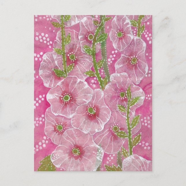 Rosa Hollyhock Malva Blume Blumengemälde Postkarte (Vorderseite)