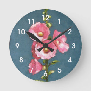 Rosa Hollyhocks: Öl-Pastellkunst, Blumen Runde Wanduhr