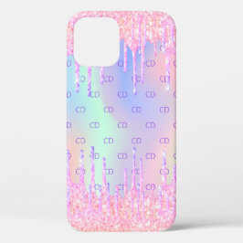 Rosa holografische Glitzer Tropfen Monogramm Case-Mate iPhone 14 Hülle