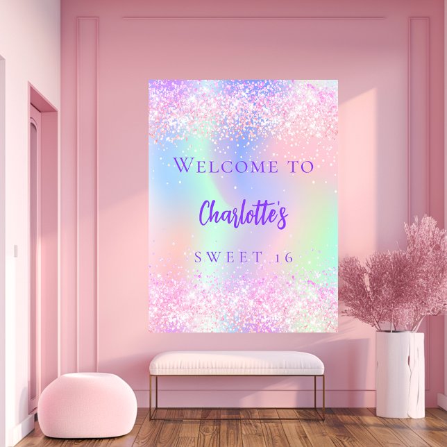 Rosa holografische lila Sweet 16 Empfang Poster (Von Creator hochgeladen)