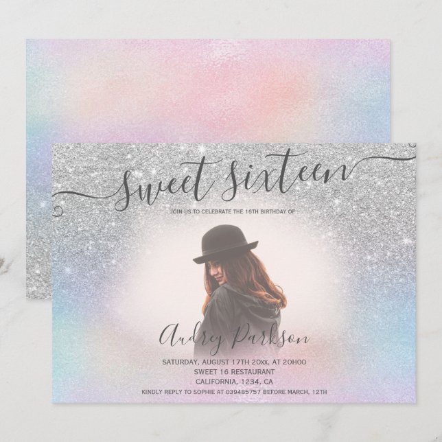 Rosa holografischer silberner Glitzer Sweet 16 Fot Einladung (Vorne/Hinten)