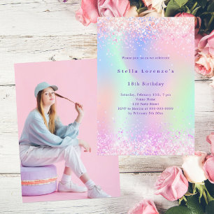 Rosa holografisches Foto Luxus Geburtstag Einladung