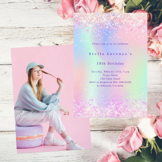 Rosa holografisches Foto Luxus Geburtstag Einladung