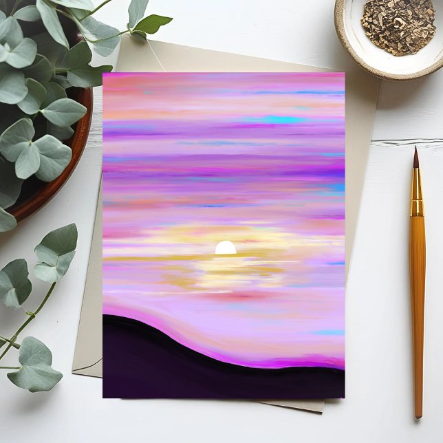 Rosa Horizonte | Aquarellfarben Sonnenuntergang An Postkarte (Von Creator hochgeladen)