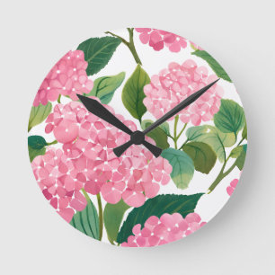 Rosa Hortensie Wasserfarbe Floral Küste Runde Wanduhr