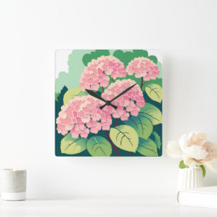 Rosa Hortensien-Blumen Botanisch Quadratische Wanduhr