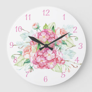 Rosa Hortensien-Wanduhr im Aquarellstil Große Wanduhr