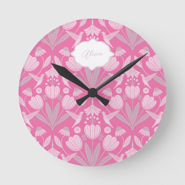 Rosa Hummingbird Coquette Personalisiert Runde Wanduhr (Vorderseite)