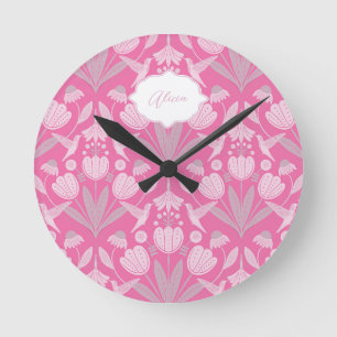 Rosa Hummingbird Coquette Personalisiertes Florale Runde Wanduhr