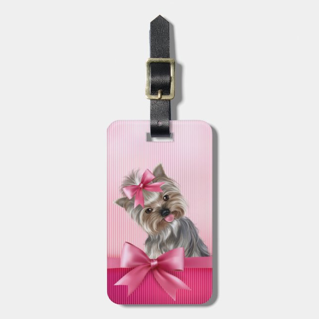 Rosa Hündchen Yorkshire-Terrier Prinzessin-Yorkie Gepäckanhänger (Vorderseite vertikal)