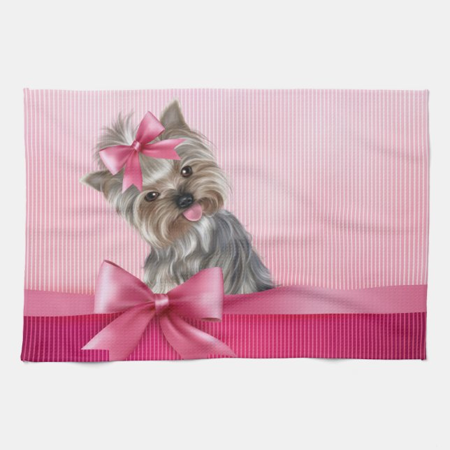 Rosa Hündchen Yorkshire-Terrier Prinzessin-Yorkie Geschirrtuch (Horizontal)