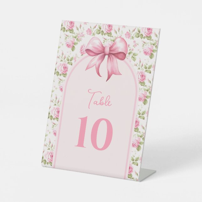 Rosa Hütte Rose mit Bow Coquette Tischnummer Sockelschild (Vorderseite)