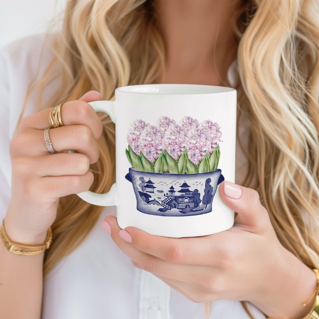 Rosa Hyazinthen in Chinoiserie Planter Keramik Kaffeetasse (Pink hyacinths in blue and white Chinoiserie planter personalized mug)