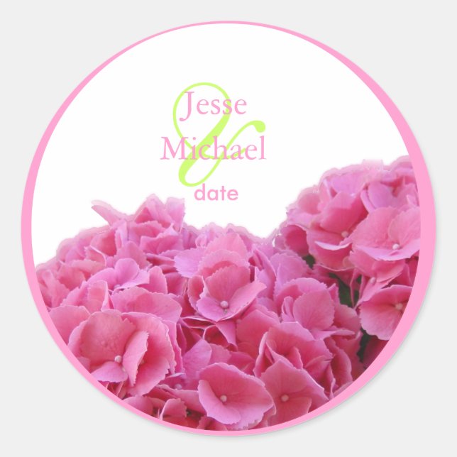 Rosa Hydrangea Hochzeitsaufkleber, kundenspezifisc Runder Aufkleber (Vorderseite)