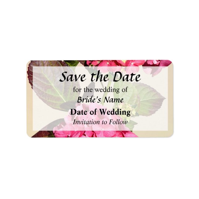 Rosa Hydrangea mit Save the Date Blätter Adressaufkleber (Vorne)