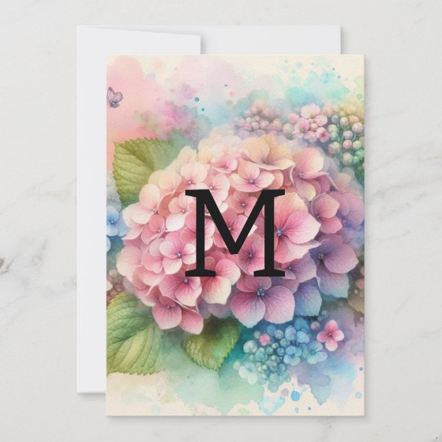 Rosa Hydrangea, Monogramm Einladung (Vorderseite)