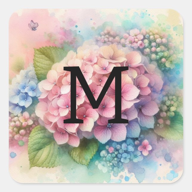 Rosa Hydrangea, Monogramm Quadratischer Aufkleber (Vorderseite)