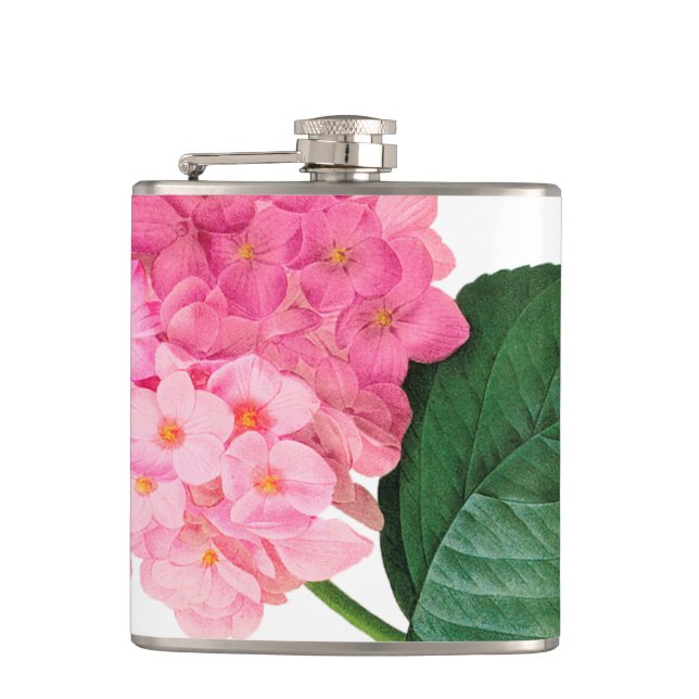 Rosa Hydrangea Vinyl Wrapped Flask Flachmann (Vorderseite)