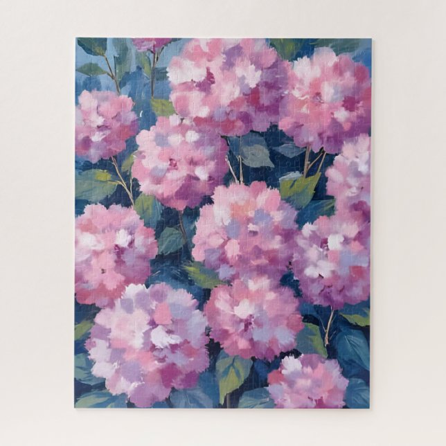 Rosa Hydrangeen Aquarell-Kunst in Rosa (Vertikal)