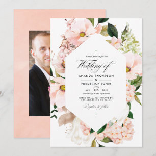 Rosa-hydrangeen-Hochzeitsfoto mit floralem Muster Einladung