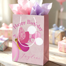 Rosa illustrierte Schmetterlinge mit Ballons Mittlere Geschenktüte