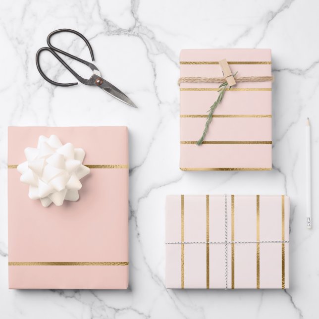 Rosa Imitat Gold Strip Muster Geschenkpapier Set (Vorderseite)