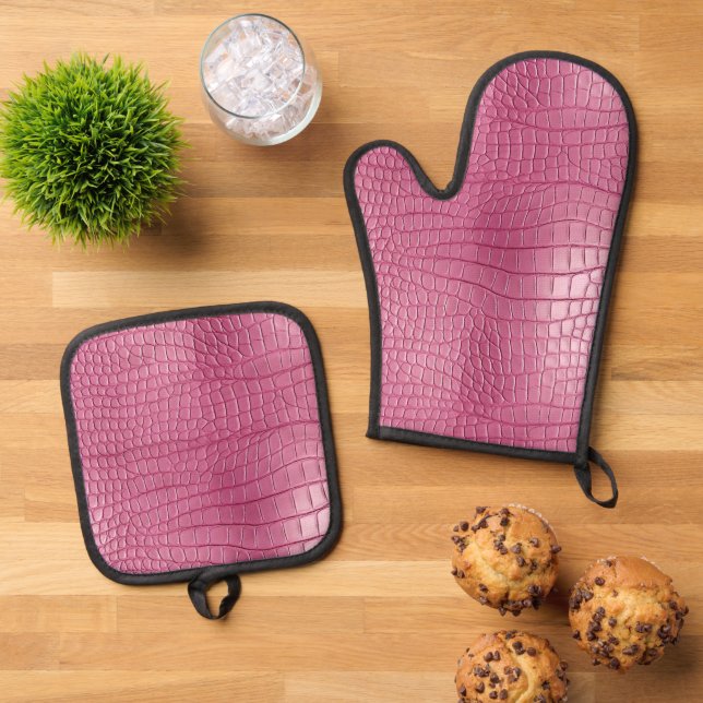 Rosa Imitate Alligator Animal Print Ofenhandschuh & Topflappen-Set (Oben Unten)