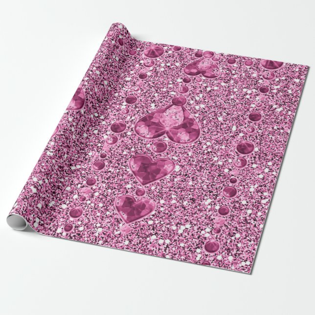 Rosa Imitate Glitzer- und Herztropfen Geschenkpapier (Ungerollt)
