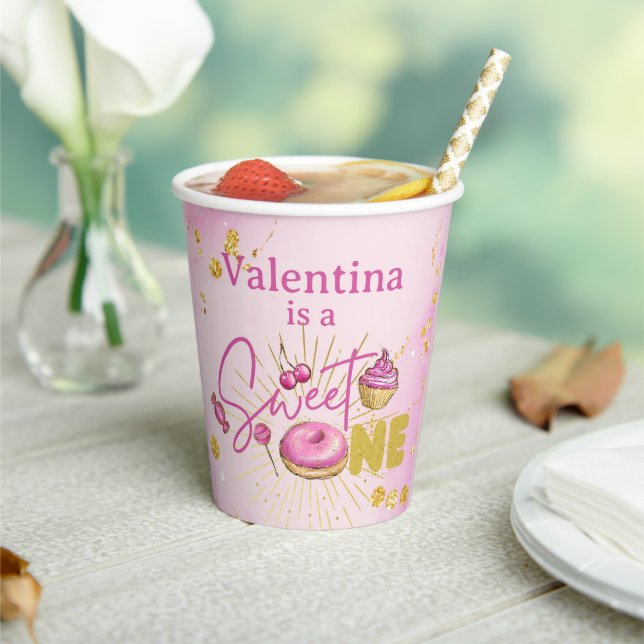 Rosa Imitate Gold Glitzer Sweet One 1st Birthday Pappbecher (In Situ)