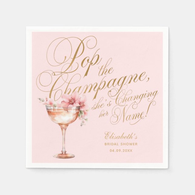 Rosa Imitats Gold Blumenzwiebelsekt Brautparty Serviette (Vorderseite)