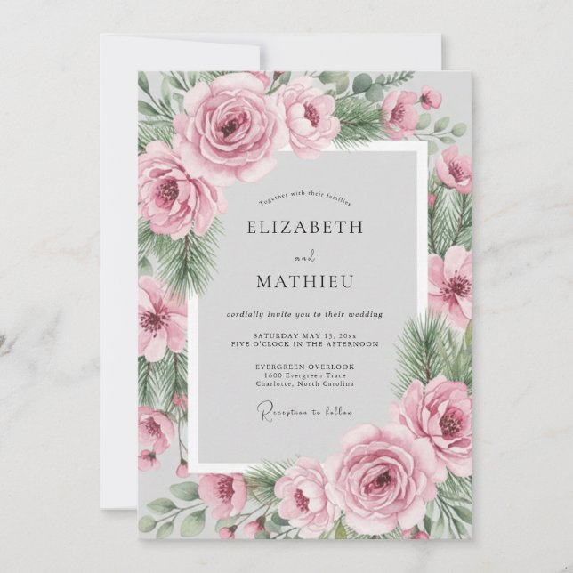 Rosa Immergrüne Winterhochzeit Einladung (Vorderseite)