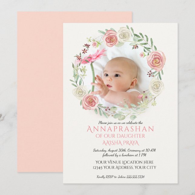 Rosa in Elfenbein Rose Wreath Annaprashan Baby Gir Einladung (Vorne/Hinten)