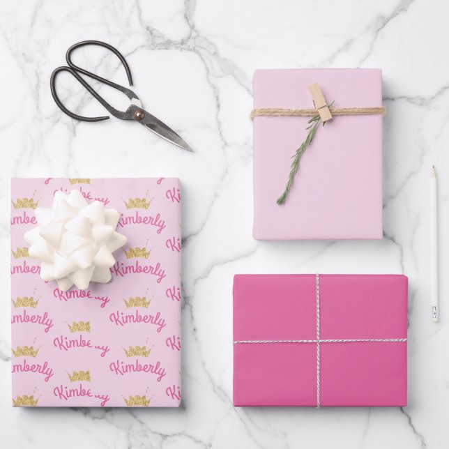 Rosa Individuelle Name Personalisiert Geschenkpapier Set (Vorderseite)