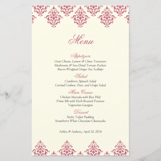 Rosa Ivory Damask Arabesque Wedding Menu Card (Vorderseite)